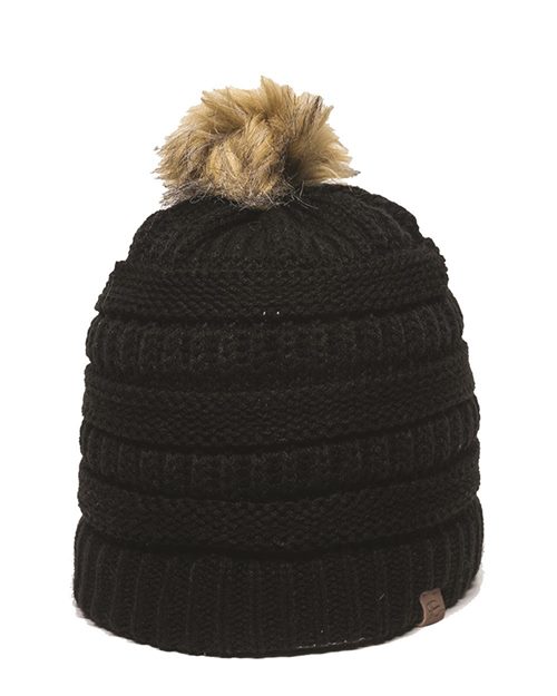 Outdoor Cap - Cable Knit Faux Fur Pom - OC805