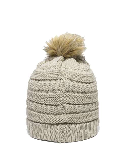 Outdoor Cap - Cable Knit Faux Fur Pom - OC805