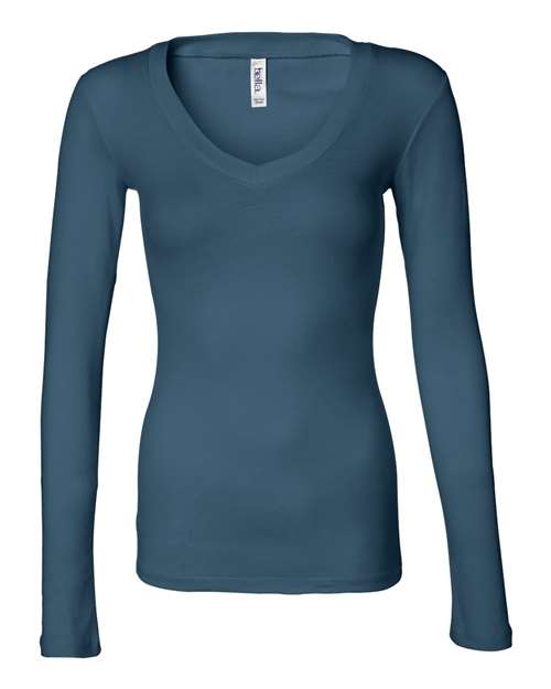 BELLA + CANVAS - Women's Long Sleeve Sheer Mini Rib V-Neck Tee - 8750