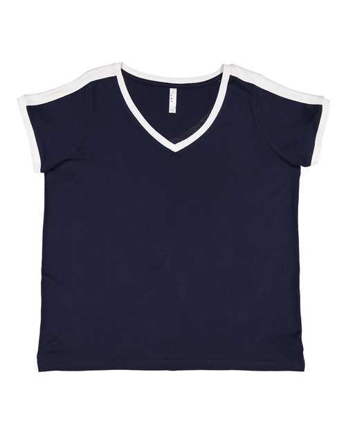 LAT - Women's Curvy Retro Ringer Premium Jersey V-Neck Tee - 3832