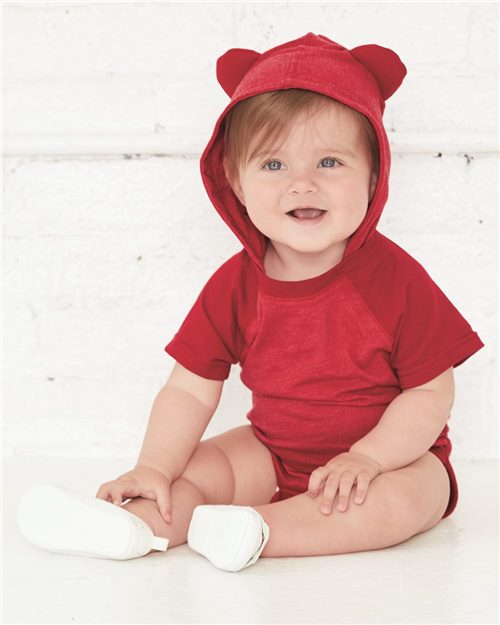 Rabbit Skins - Fine Jersey Infant Short Sleeve Raglan Bodysuit with Hood & Ears - 4417