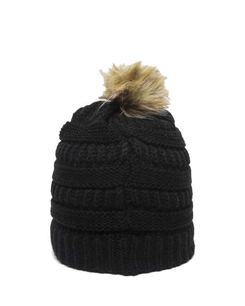 Outdoor Cap - Cable Knit Faux Fur Pom - OC805